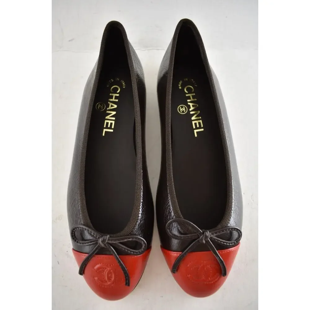 Chanel 26S Dark Brown Red Leather CC Logo Cap Classic Ballet Ballerina Flat 39 - Picture 10 of 16